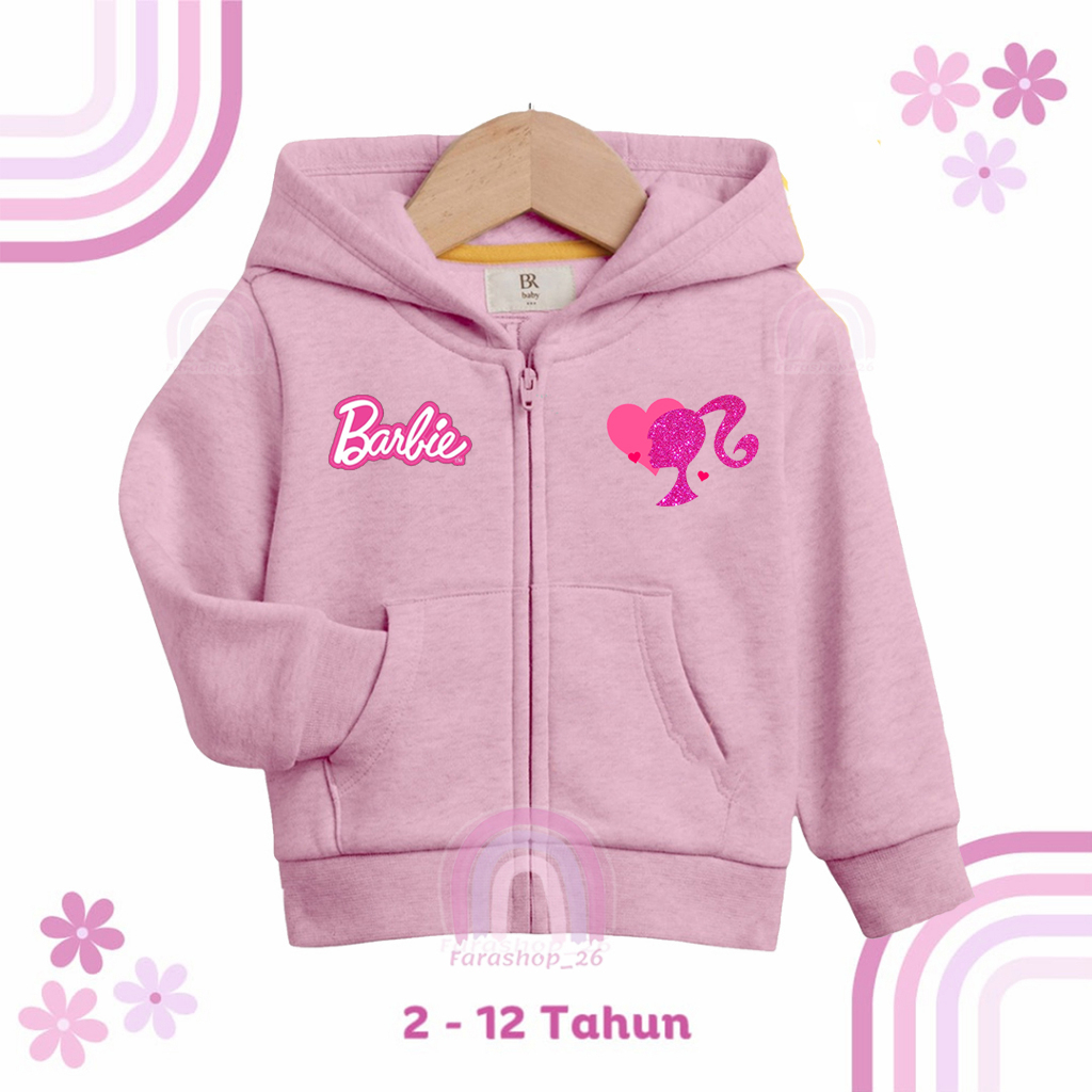 Jaket Zipper Anak Perempuan BARBIE umur 1 2 3 4 5 6 7 8 9 10 11 12 tahun anak cewek Import