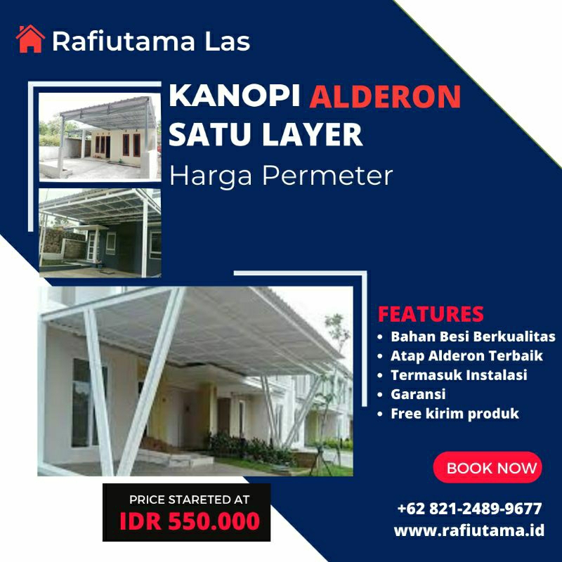 Kanopi Alderon Satu Layer Harga Per Meter Rangka Besi Hollow kokoh