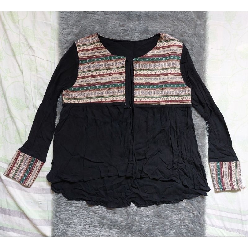 Outer luaran motif batik hitam tali lengan panjang