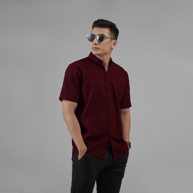 Kemeja Pria Polos Merah Maroon Lengan Panjang Pendek Hem Pria Maroon