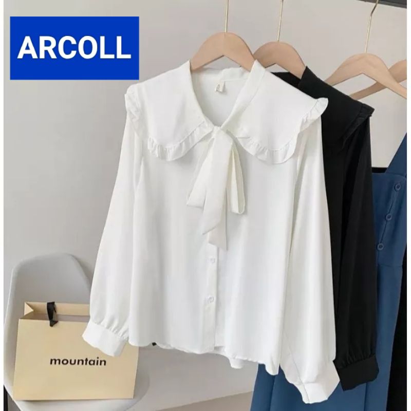 Blouse Crinkle Korean Style Kemeja Wanita Hitam Putih Lengan Panjang Manset Kancing Kekinian