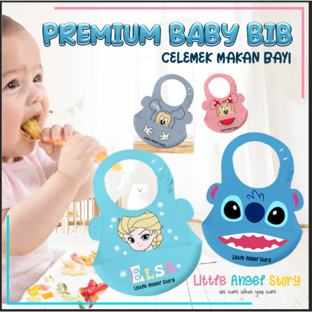 Unik Baby Bib Celemek Makan Bayi Slaber Silikon Anak Bibs Karakter Elsa Stitch Mickey Mini Karet