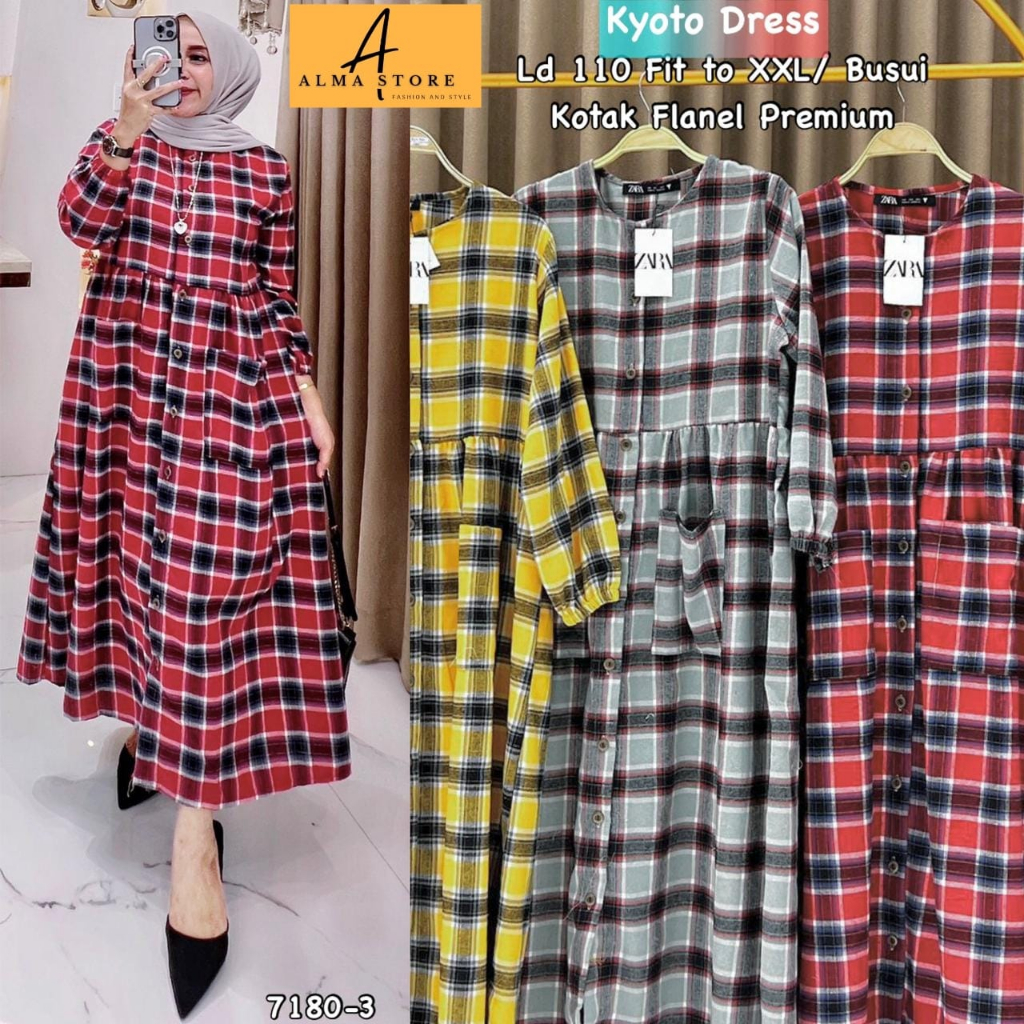 kyoto dress dres maxy maxi baju gaun gamis longdress flanel kotak pesta kondangan perempuan wanita c