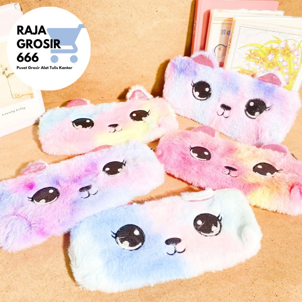 KOTAK PENSIL BULU RAINBOW KUCING TEMPAT PENSIL AESTHETIC TERMURAH COD ALAT-ALAT SEKOLAH AESTHETIC OR