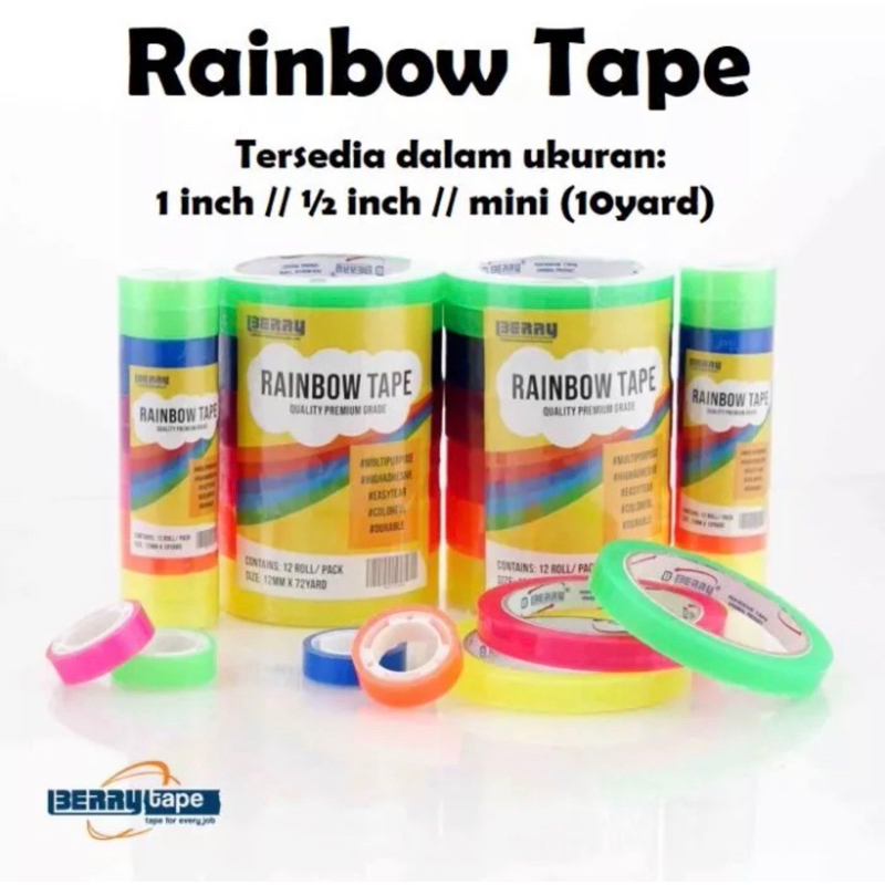 

isolasi selotip Berry warna warni Easy Tear rainbow | 12mm x 10 yard | 12mm x 25yard | 12mm x 72yard