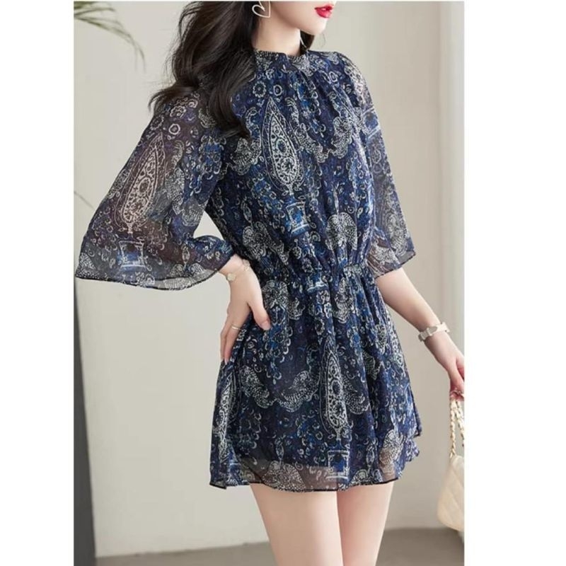 1055 Pakaian  mini dress dres minidress  lengan pendek motif cantik manis mewah elegan gaya korea si