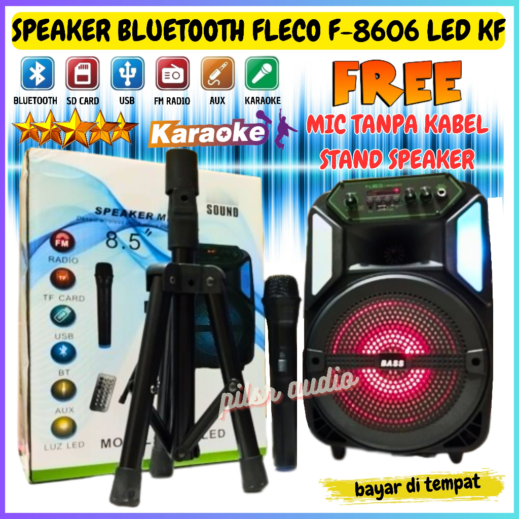 Speaker Bluetooth Karaoke Fleco F-8606LED KF/8606 LED KF 8,5 Inchi Gratis 1 Mic Wireless, Remote Dan