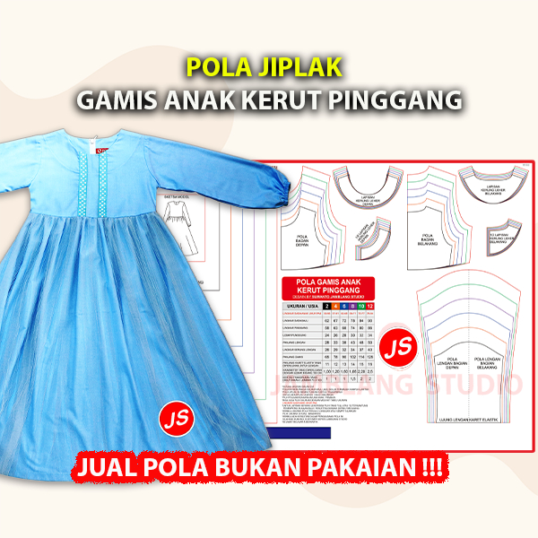 Pola Jiplak Gamis Anak Kerut Pinggang Usia 2 ~ 12 Tahun