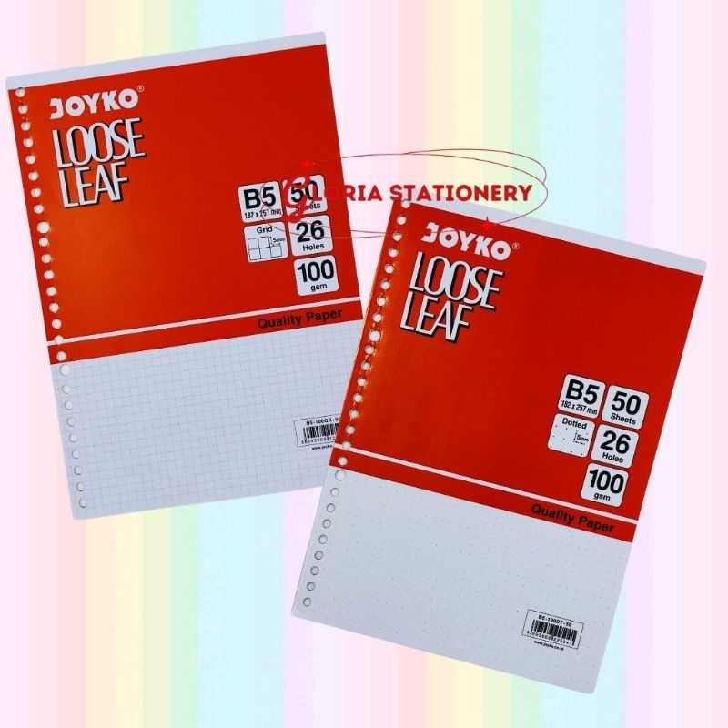 

Joyko isi file Loose leaf warna B5/ Joyko Loose leaf B5 kotak grid/ Joyko loose leaf B5 titik dotted/ Kertas binder note berwarna B5 Joyko