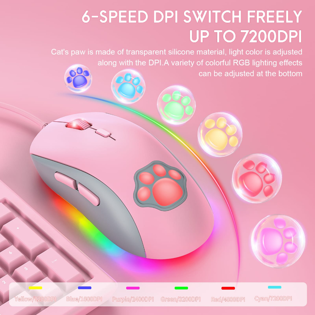 ONIKUMA CW918 Mouse Gaming White Cat Paws Pink RGB Backlight