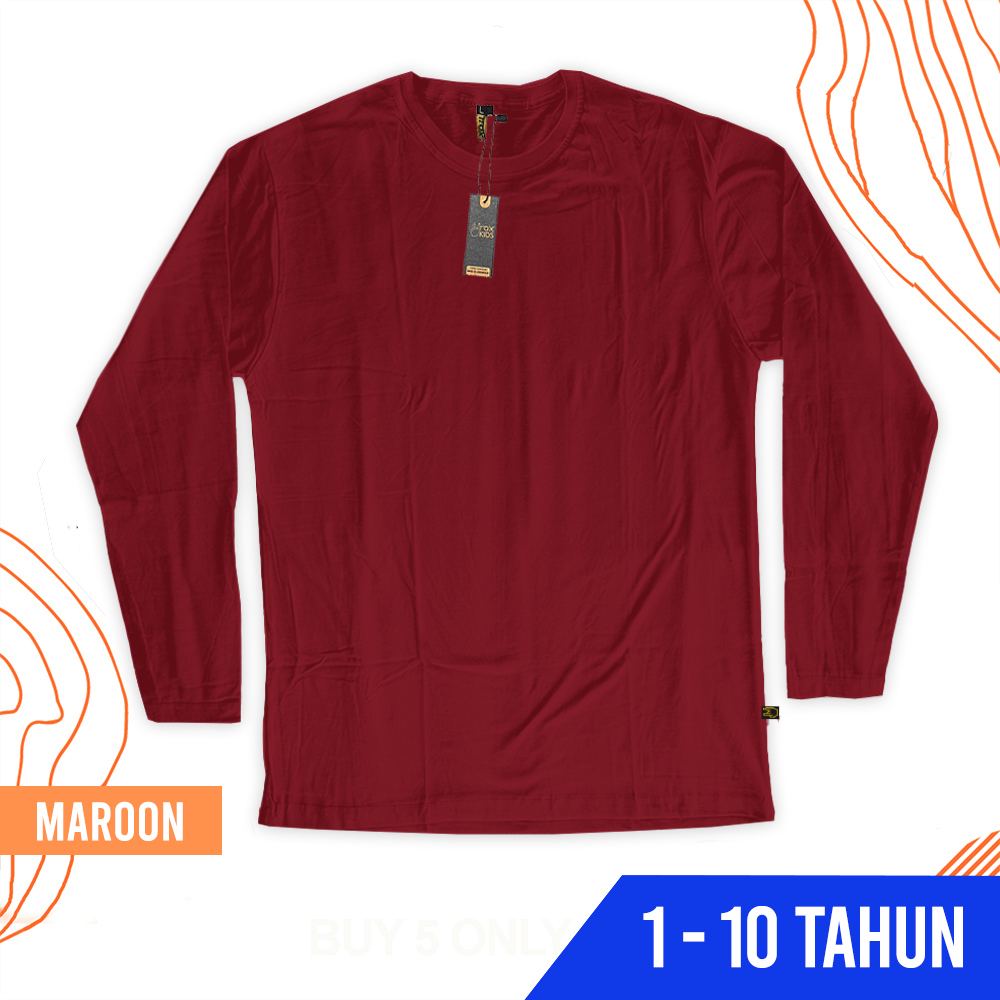 Kaos Polos Anak Lengan Panjang Maroon Merah Tua Unisex 1 2 3 4 5 6 7 8 9 10 Tahun Irox Kids