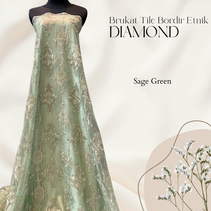 Bahan Kebaya Kain Brukat Tile Timbul Motif Diamond Mewah Luxury Warna Hijau Sage Green