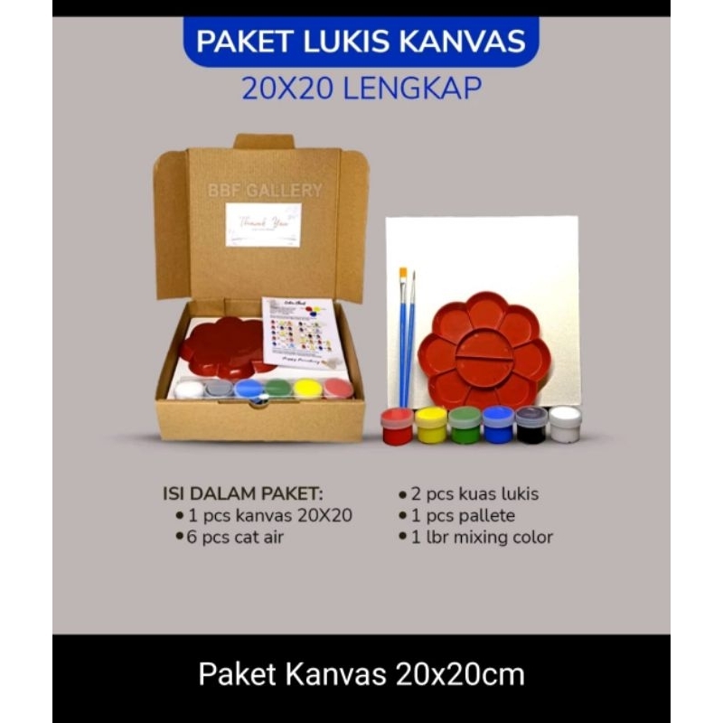 

HJK Paket lengkap kanvas melukis 20x20cm 20x30 cat warna, 2 kuas dan palet