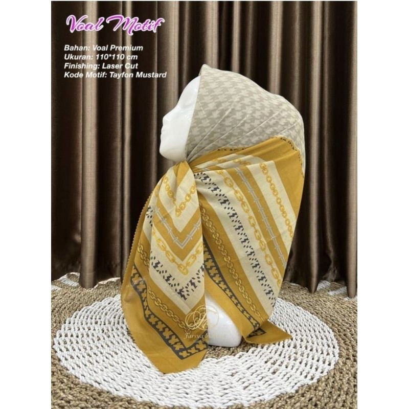 Hijab Segi Empat Voal Motif Tayfon Warna Mustard Jilbab Kerudung Terbaru