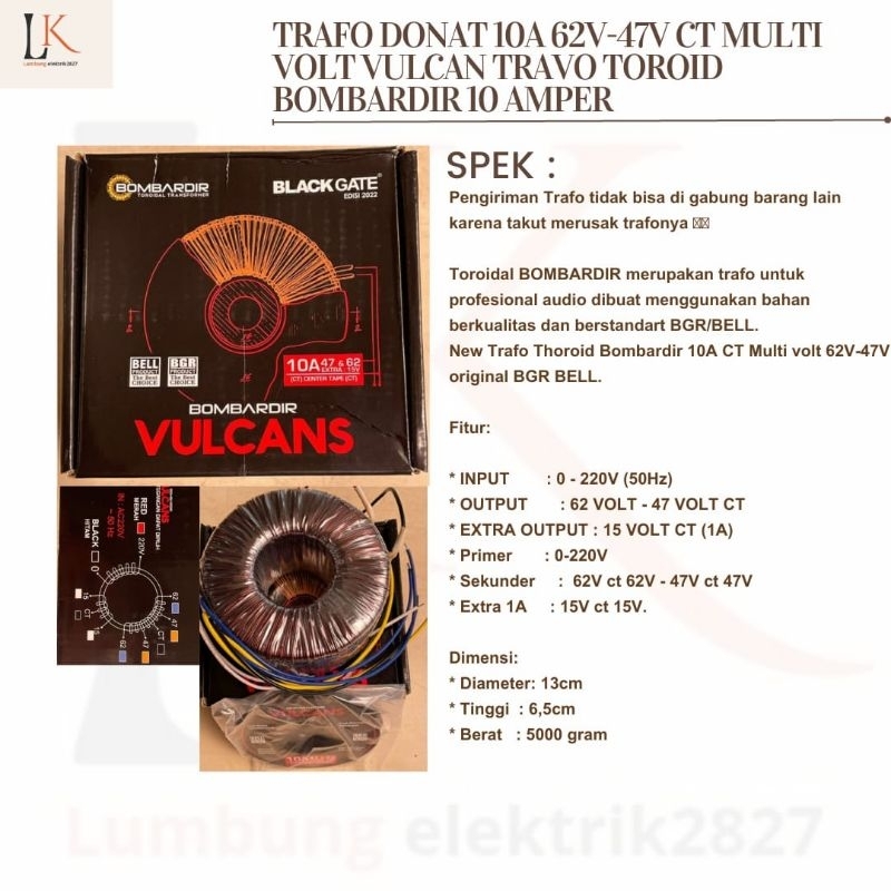TRAFO DONAT 10A 62V-47V CT MULTI VOLT VULCAN TRAVO TOROID BOMBARDIR 10 AMPER