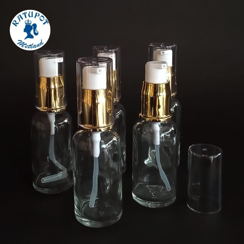 botol 30 ml kaca bening tebal pump gold
