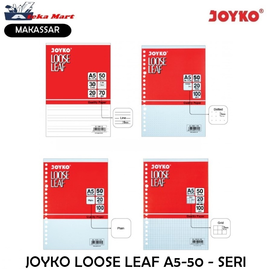 

JOYKO LOOSE LEAF A5 50 RULER PLAIN GRID DOTTED ISI BINDER