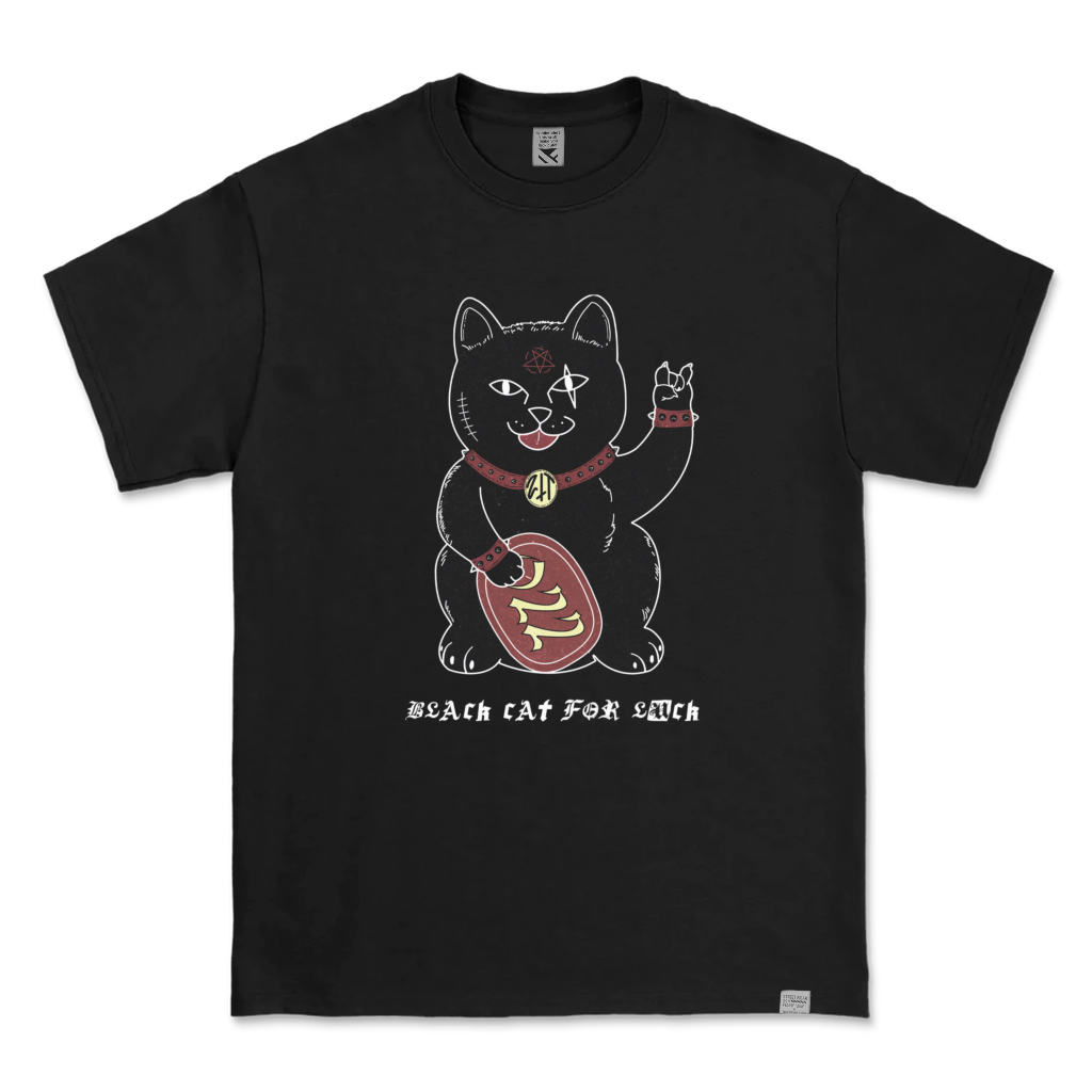 Kaos Distro Parodi ZeroTwentyTwo T-shirt Black Cat for Luck Black | Baju Pria Parody Gambar Kucing L