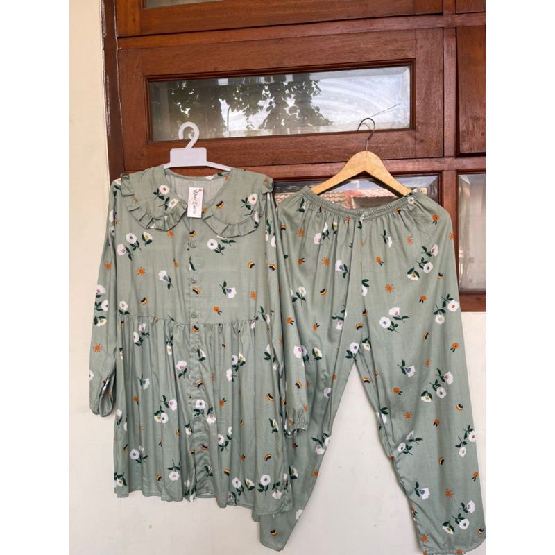 SET LONG TUNIK RAYON BUNGA SAGE