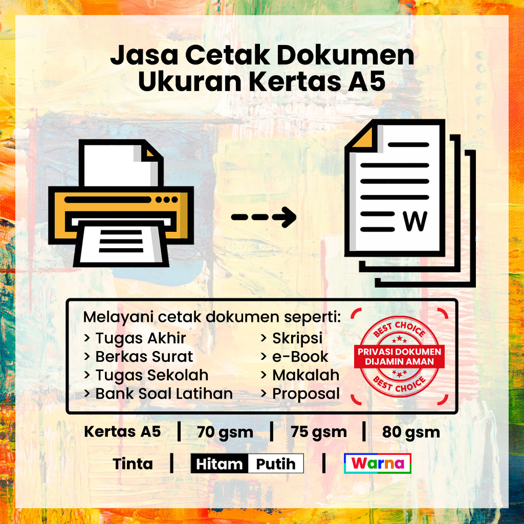 

Jasa Print Dokumen Kertas HVS A5/Tinta Hitam & Warna/Cepat & Murah