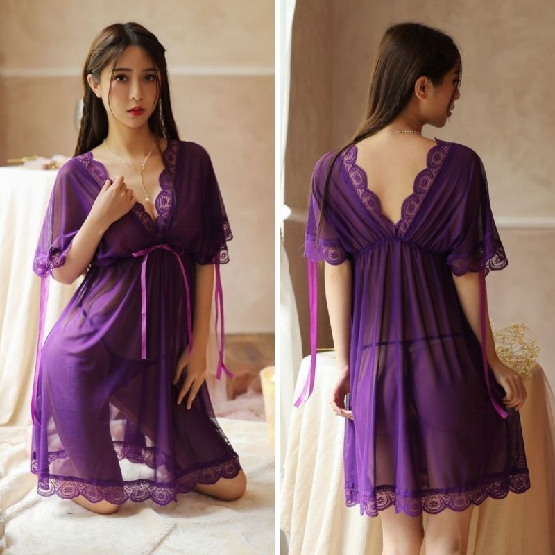 Lingerie Seksi Set D-121 Dress Piyama All Size / Big Size 2 Style Pakaian Dalam Baju Tidur Wanita Dewasa Seksi Baju Dinas Malam Panjang Import-Purple