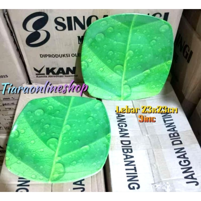Piring melamin kotak motif daun 23cm/9inc /piring makan melamin foodgrade SNI /piring lucu /piring p