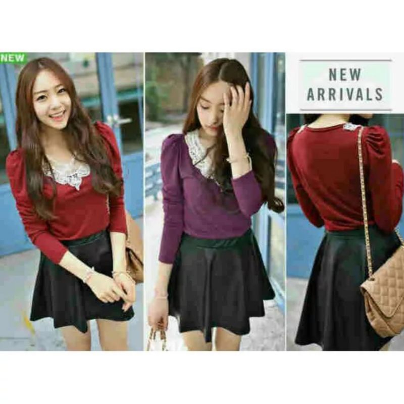 ATASAN WANITA BLUS BLOUSE LENGAN PANJANG APLIKASI RENDA FASHION MUSLIMAH WARNA MARON DAN UNGU TUA BA