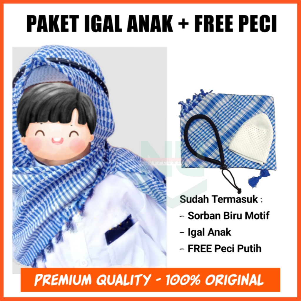 Sorban Kepala Anak Laki Laki / Sorban Kepala Dewasa / Sorban Arafat Anak Plus Igal Pengikat Sorban /