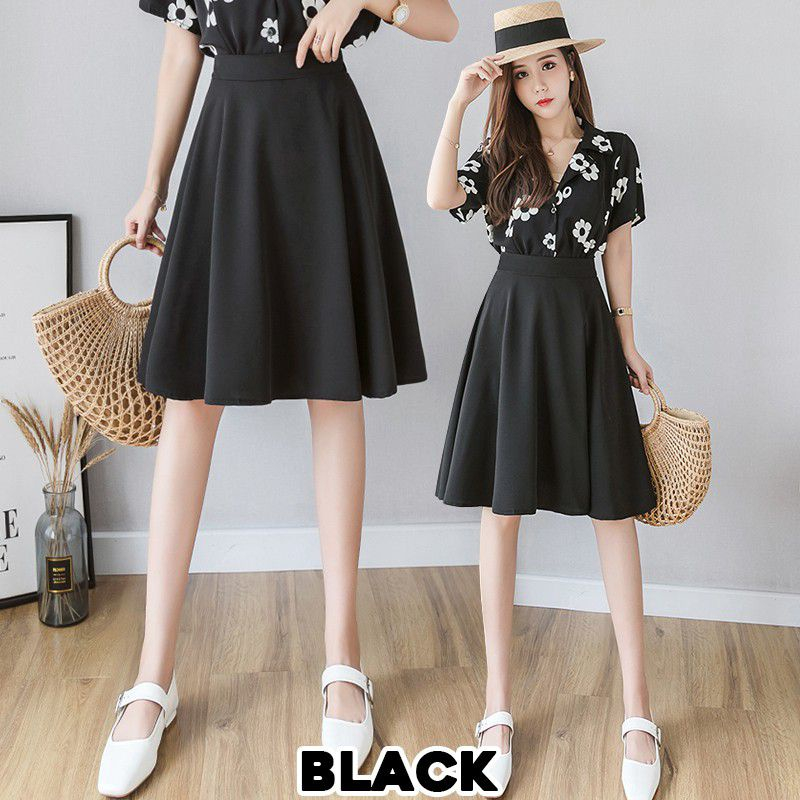 Rok Skirt Flare Payung Scuba Pendek Midi Korean style rok Wanita hitam putih