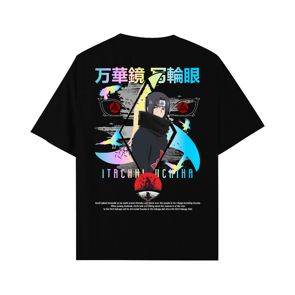 CallOut Kaos Anime Naruto Karakter Uchiha Itachi Sablon Reflektif Rainbow Plus DTF Bahan Katun Combe