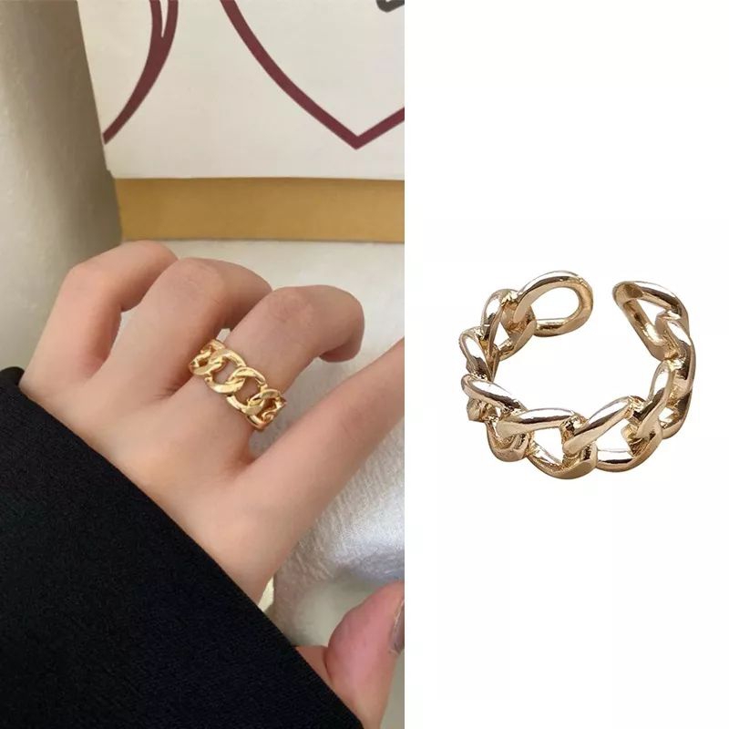 Cincin Rantai Pria Wanita model terbuka gaya retro warna emas