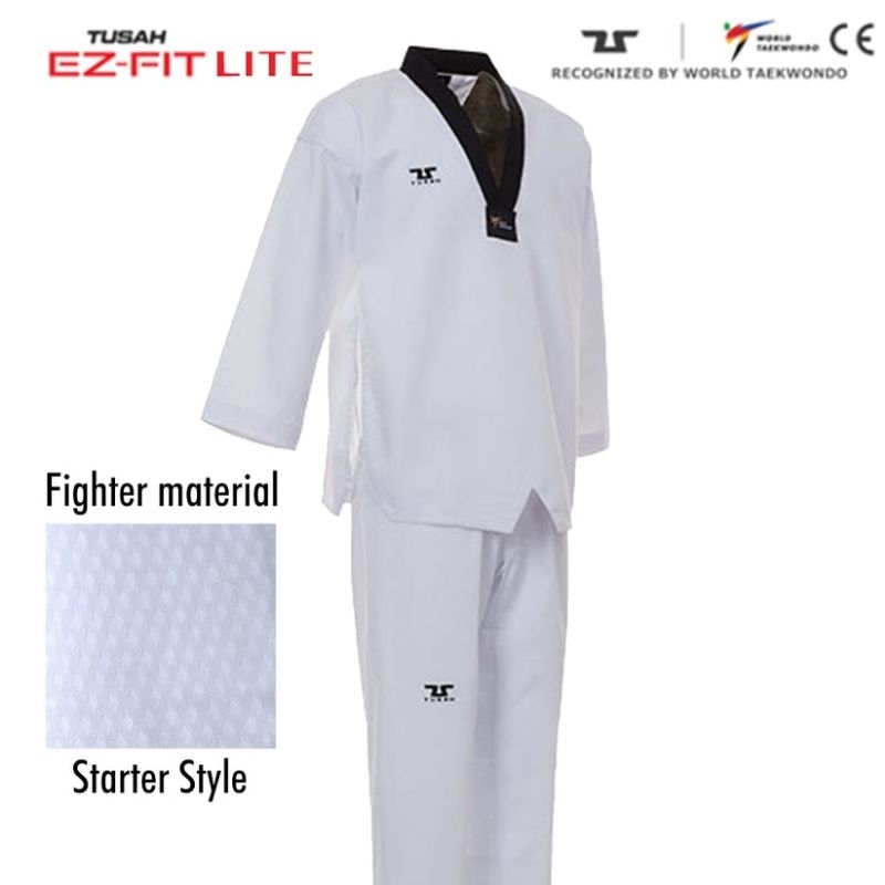 Tusah EZ Fit Lite Uniform Dobok sparring Taekwondo black V neck WT approved size 140-190