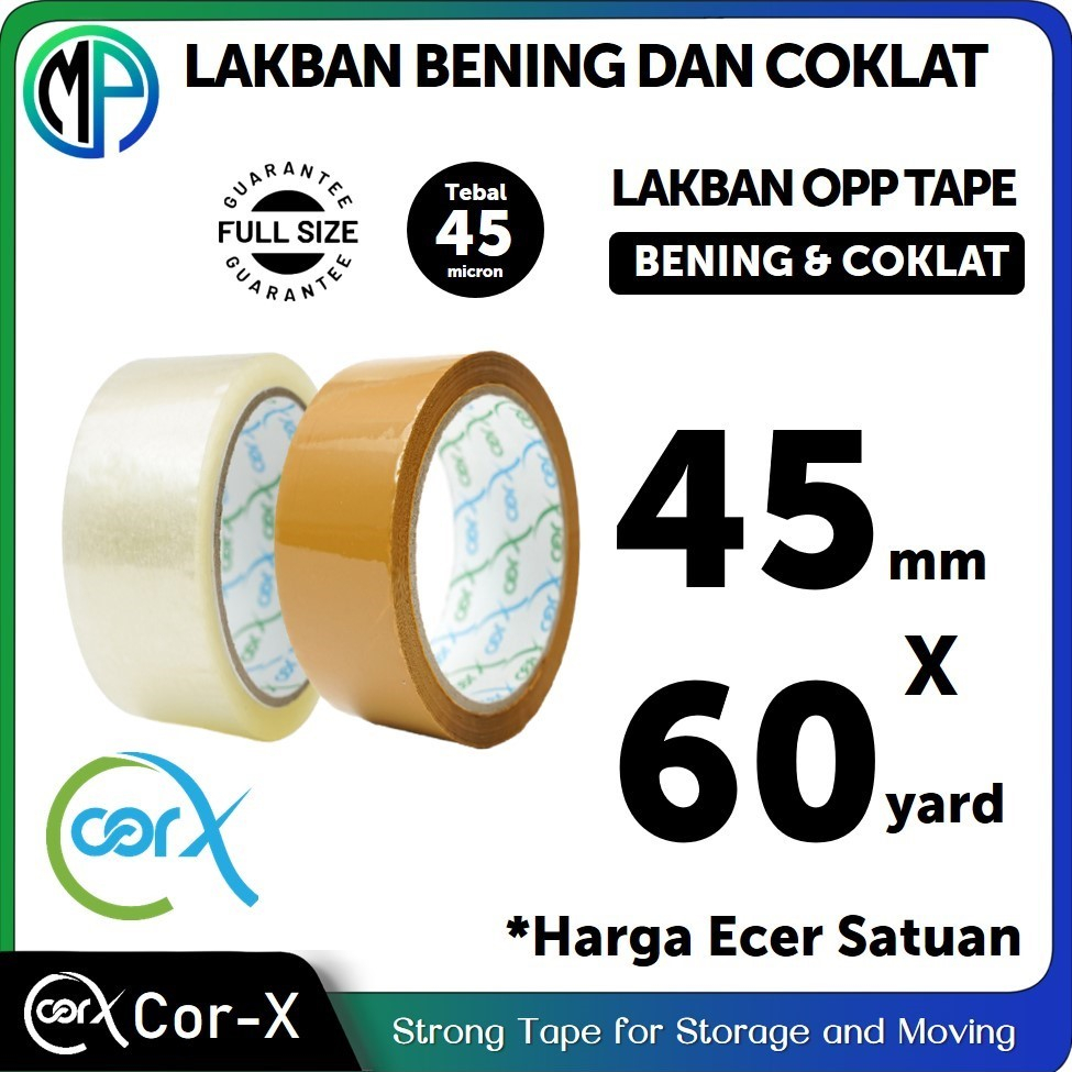 

Lakban / Selotip Spek. Daimaru Merek CorX Bening dan Coklat 2inch 45mm x 60yard Harga Satuan Ecer