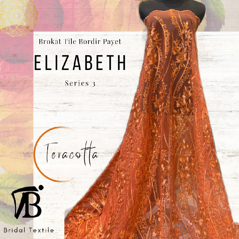 Kain Brokat Brukat Tile Tille Bordir Payet Mewah Elizabeth Type 3 Warna Merah Bata Teracotta