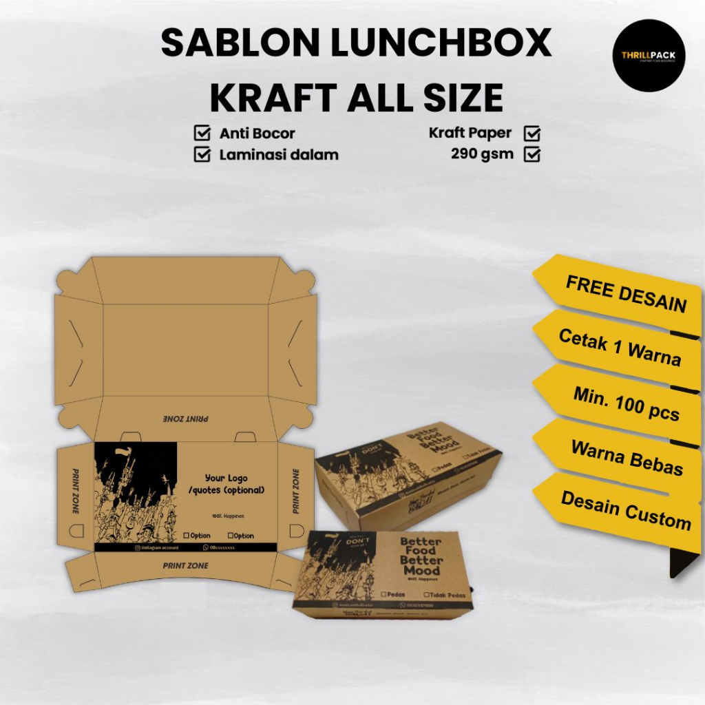 Sablon Custom Lunch Box Kraft Lipatan All SIze Custom Desain & Logo  / Sablon Launch Box Kraft / Sab