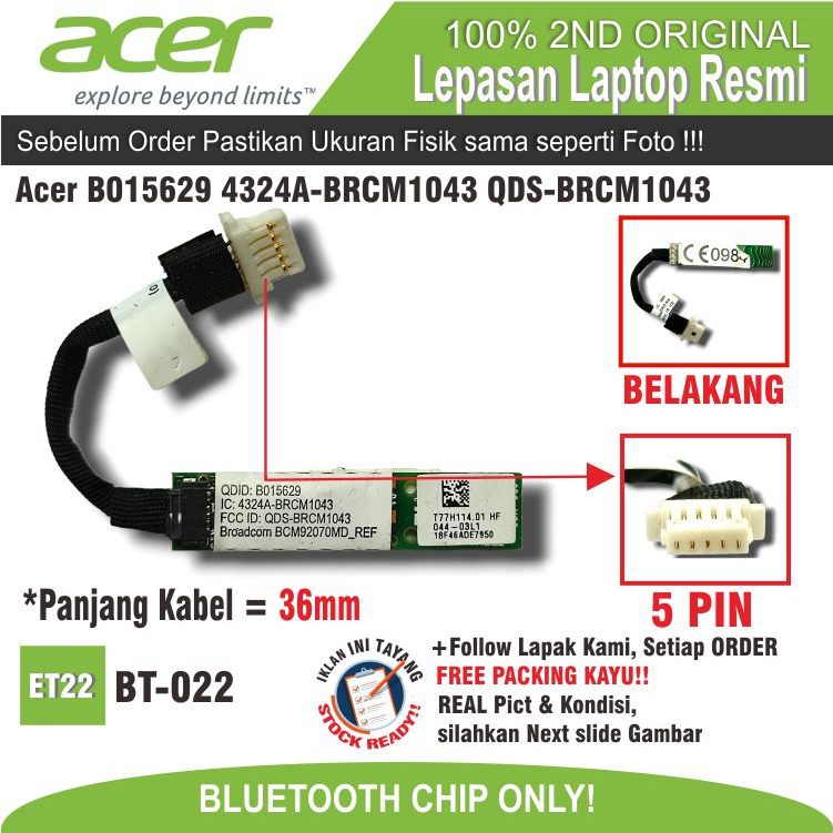 ET22 BT-AC-4 Internal Bluetooth Card Chip Laptop Notebook Netbook Acer B015629 4324A-BRCM1043 QDS-BR