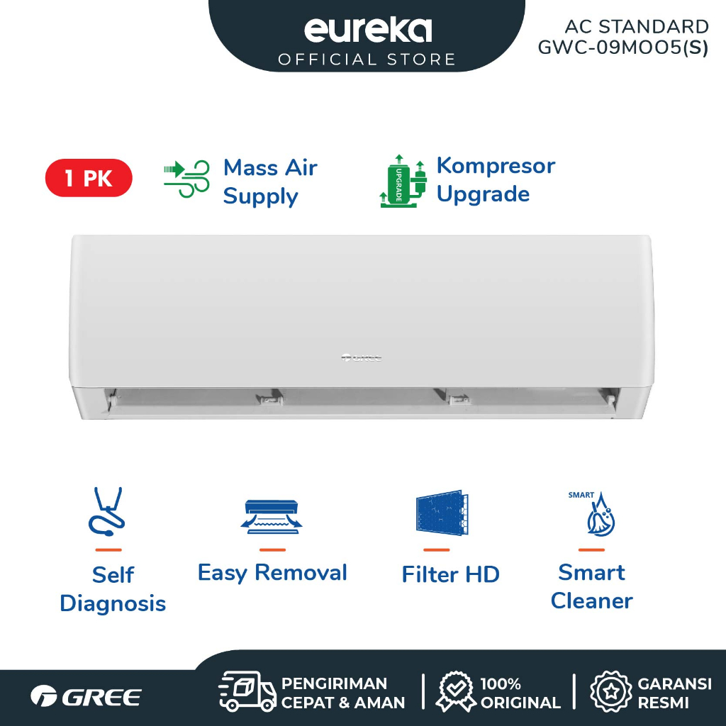 GREE AC STANDARD - AC 1 PK - With Fitur smart cleaner GWC-09MOO5 - PUTIH (Unit Indoor &amp; Outdoor Only)