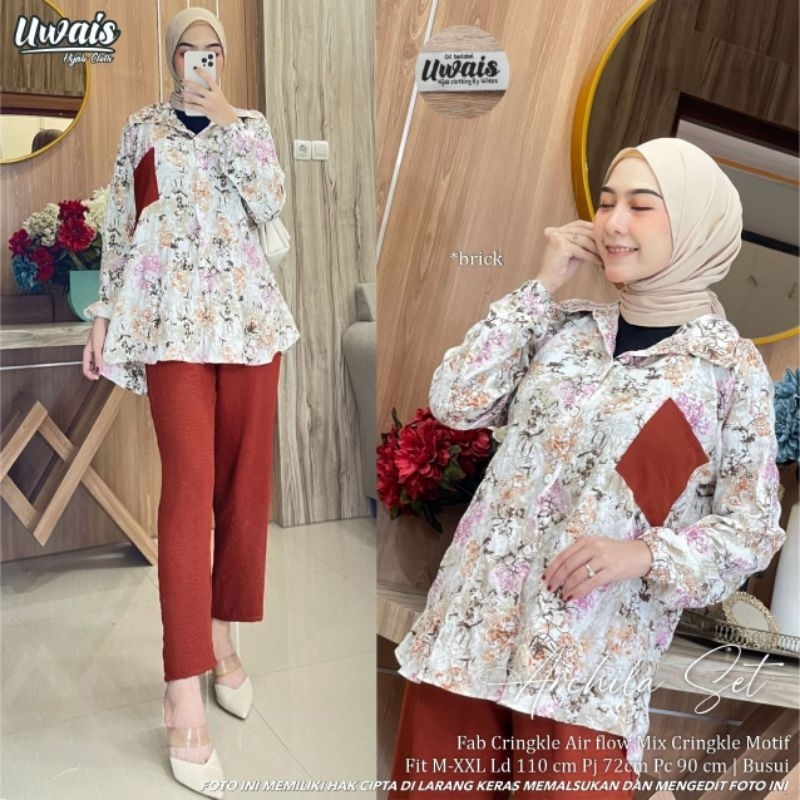 ARCHILA SET/ SETELAN BLOUSE KEMEJA MOTIF CELANA BASIC POLOS ORI UWAIS
