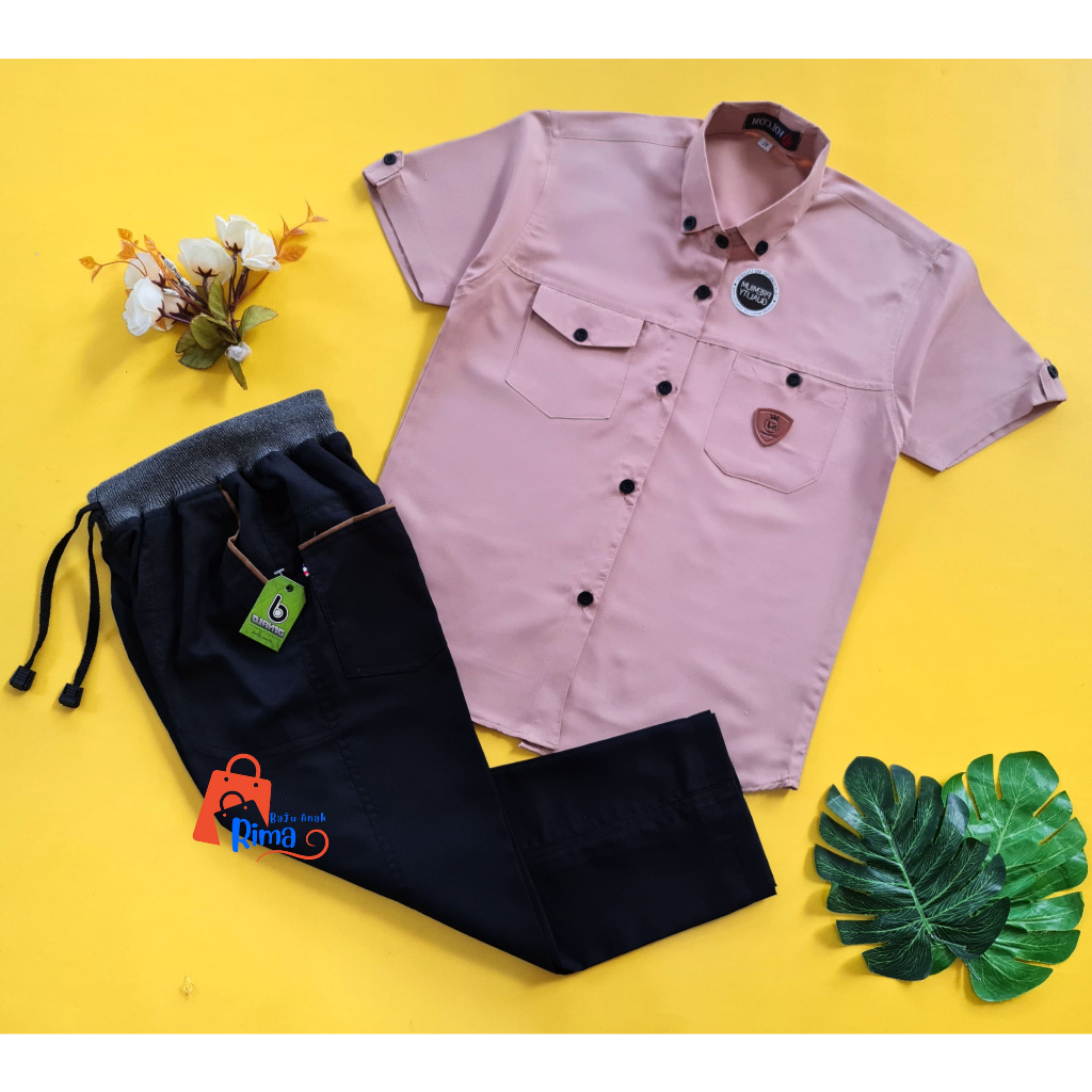 BISA COD//GRATIS ONGKIR//Tampil Trendy Dan Keren Setelan Kemeja Polos Lengan Pendek Double Pocket Anak Laki-laki Terbaik Celana Chinos Panjang Untuk Anak Usia 2-11 Tahun