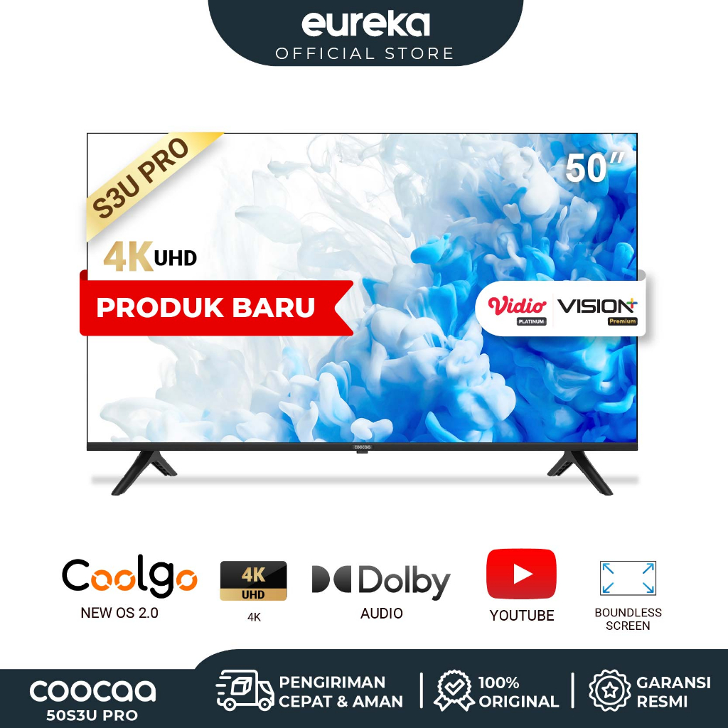 COOCAA 55 inch Smart TV - Digital TV - 4K - UHD - Dolby Audio - Youtube - Mirroring - Boundless -Browser - WIFI - HD - HDMI/USB/AV/LAN - HDR10 (COOCAA 55S3U PRO)