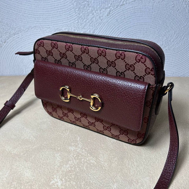 Gucci GG Camera Canvas Horsebit 1955 Small Shoulder Bag Burgundy