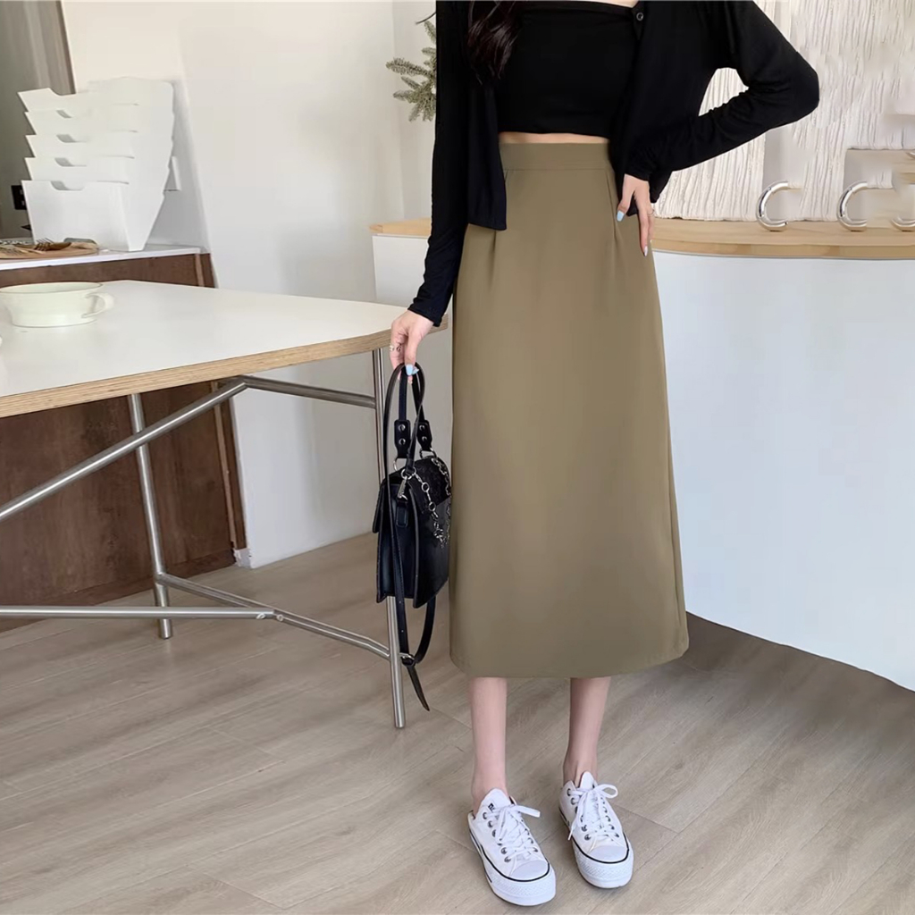 Rok A-line Korea/rok dasar panjang sedang kasual/rok panjang hitam