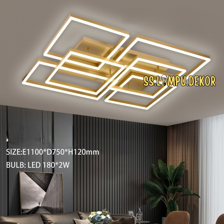 LAMPU HIAS PLAFON MINIMALIS GOLD LED 6 KOTAK SQUARE BESAR