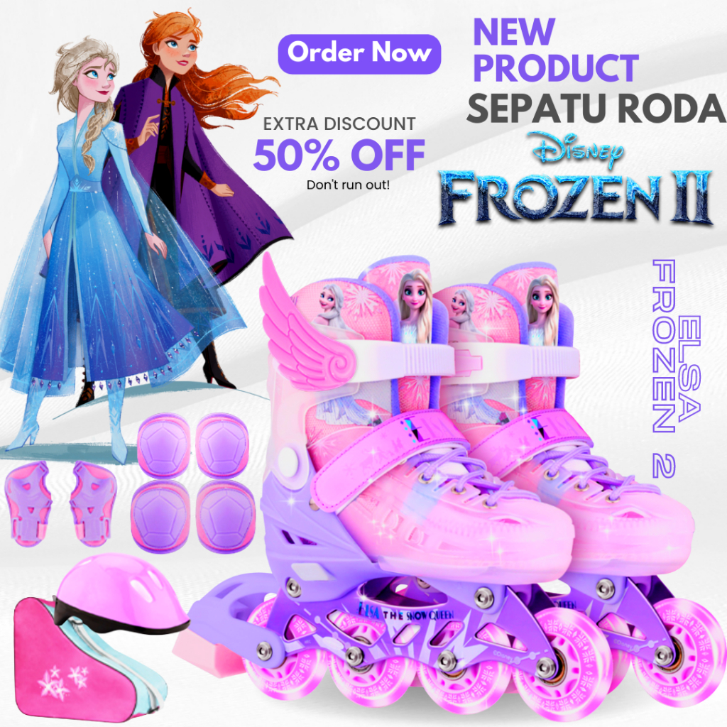 Sepatu Roda anak perempuan / Inline skate Karakter Frozen 100% Original Disney Full Set