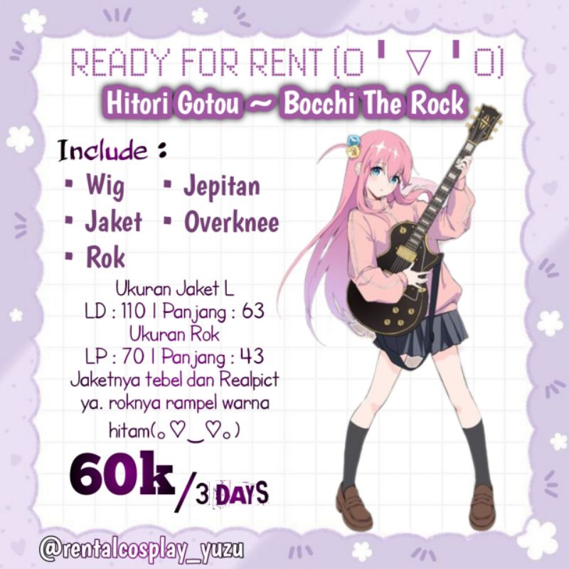 (RENTAL/SEWA) BOOCHI THE ROCK COSTUME FULLSET BOCCHI HITORI GOTOU WIG BOCCHI COSTUME ANIME COSPLAY M