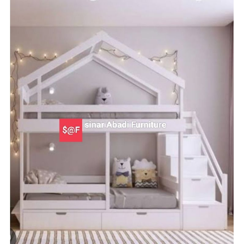 tempat tidur anak tingkat+tangga laci+2lacibawh kasur size 90×200×250