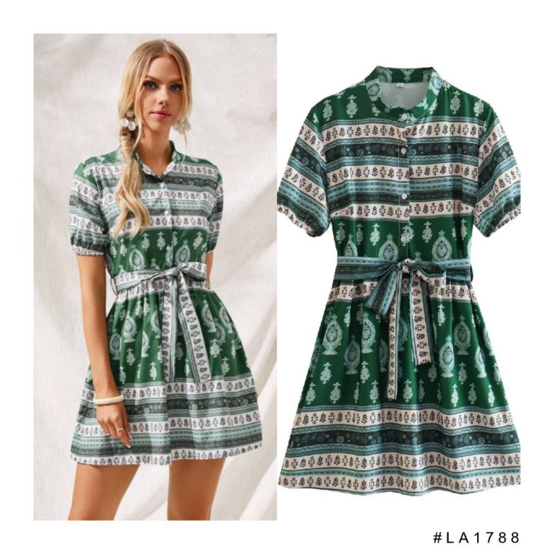 LA1788 - Green Retro Pattern | Mini Dress