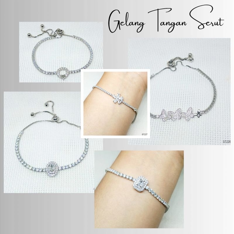 Gelang Tangan Serut Bunga KupuKupu Mata Kotak Perak 925 Lapis Mas Putih - GT224 Anak Remaja Dewasa