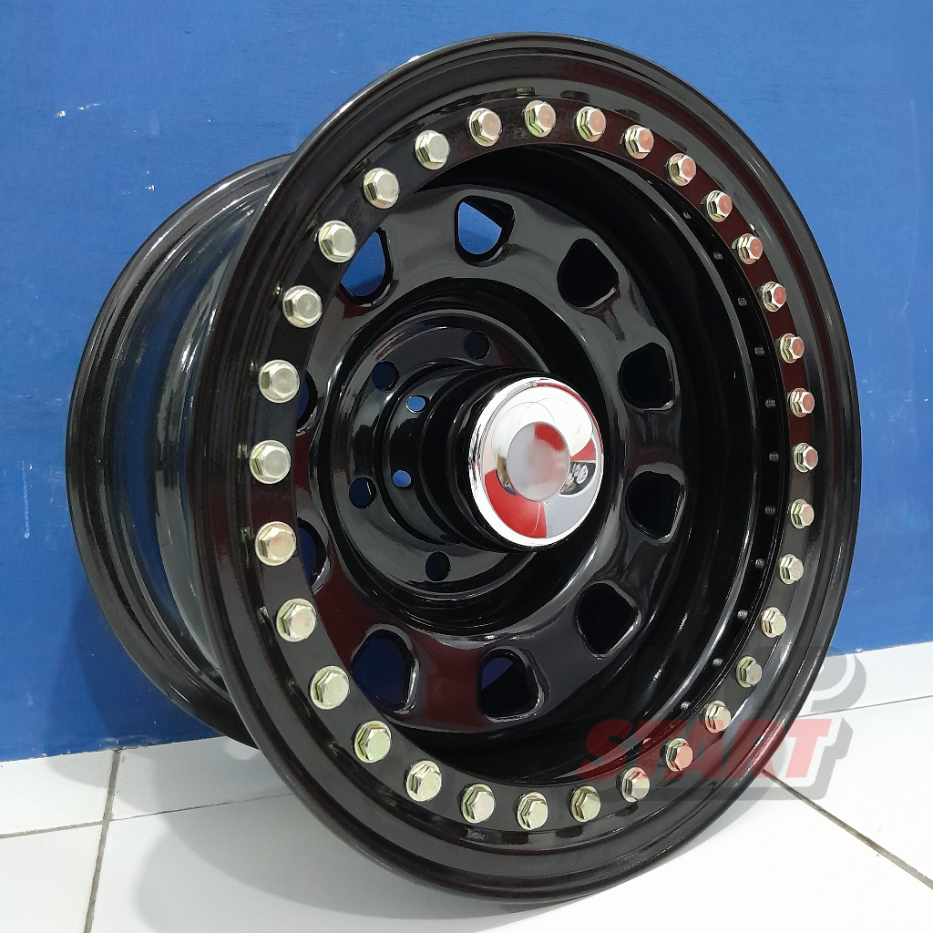 Velg mobil hsr beadlock ring15 lebar 8 pcd baut 6x139,7 et-25 glossy black pelang offroad r15 lubang