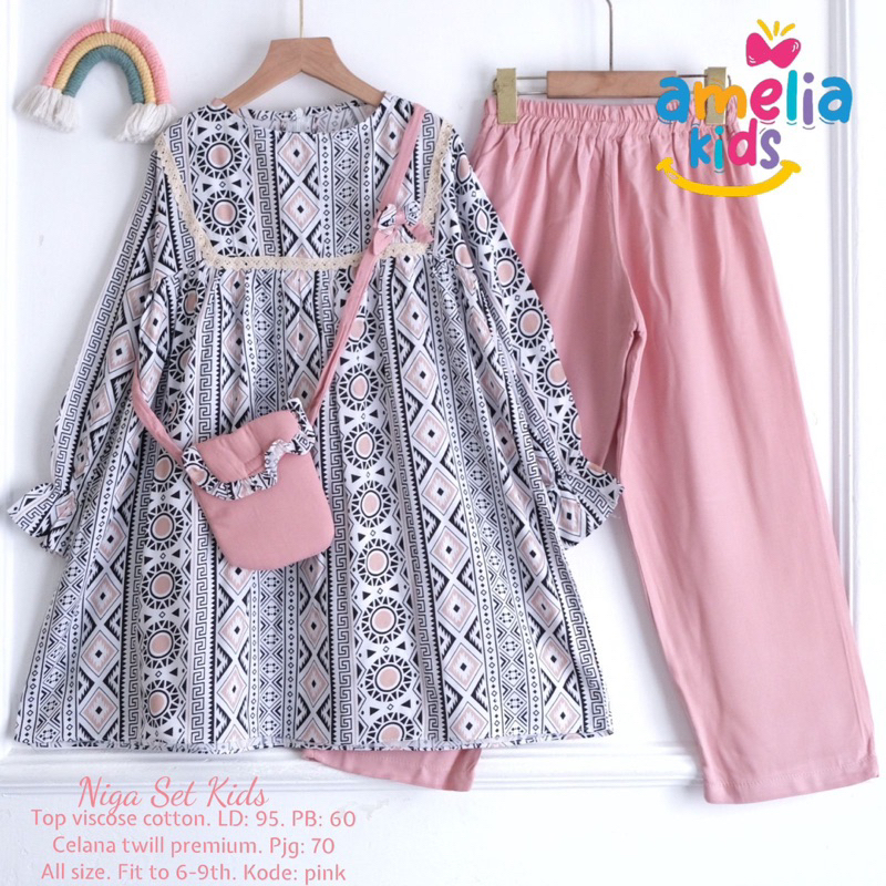 NIGA SET KIDS ORIGINAL BY AMELIA SETELAN BAJU ANAK TUNIK DAN CELANA FREE TAS ONESET ANAK PEREMPUAN U